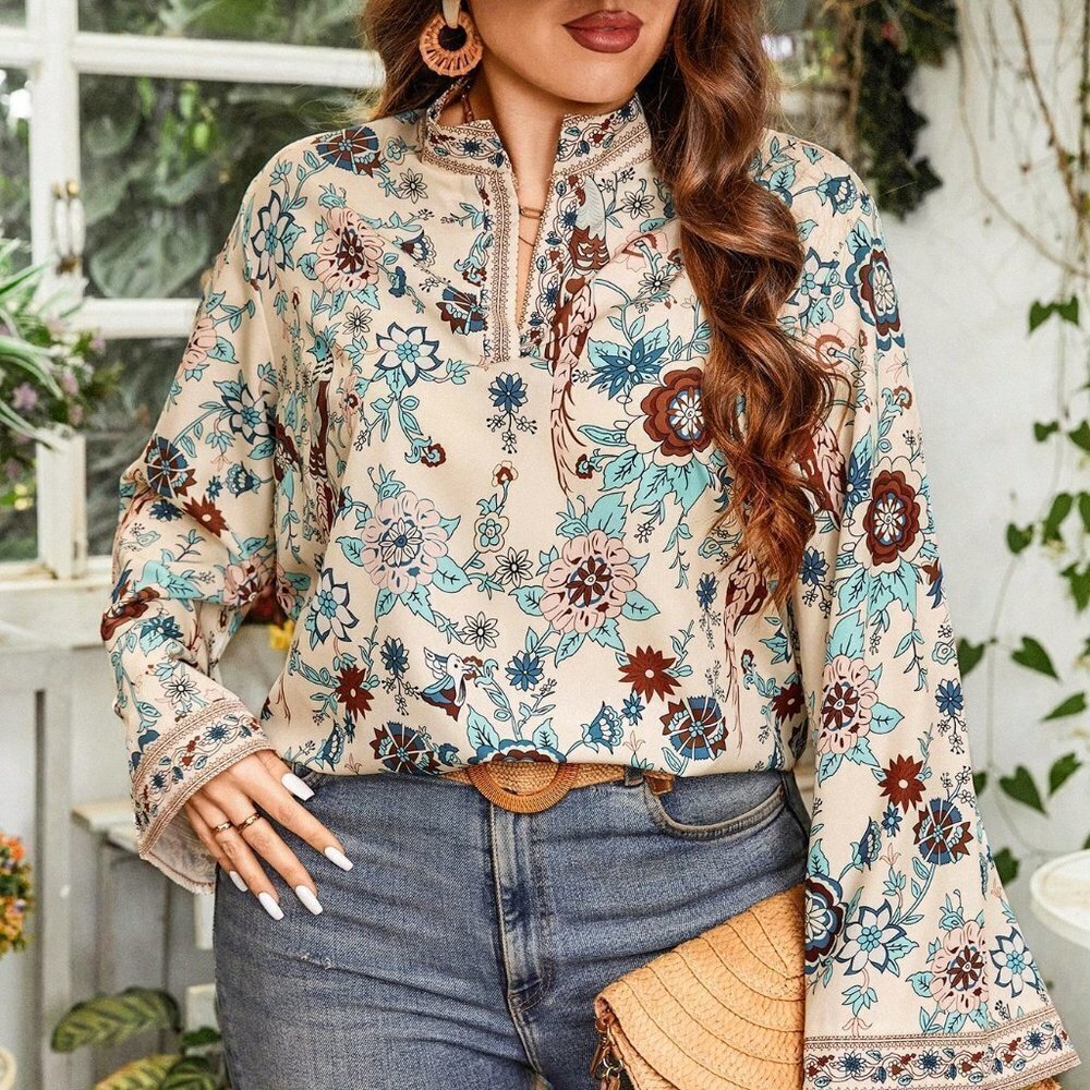 Multicolor Boho Women's Floral Print Full Sleeve Bell Sleeve Blouse - Picture 3 of 5